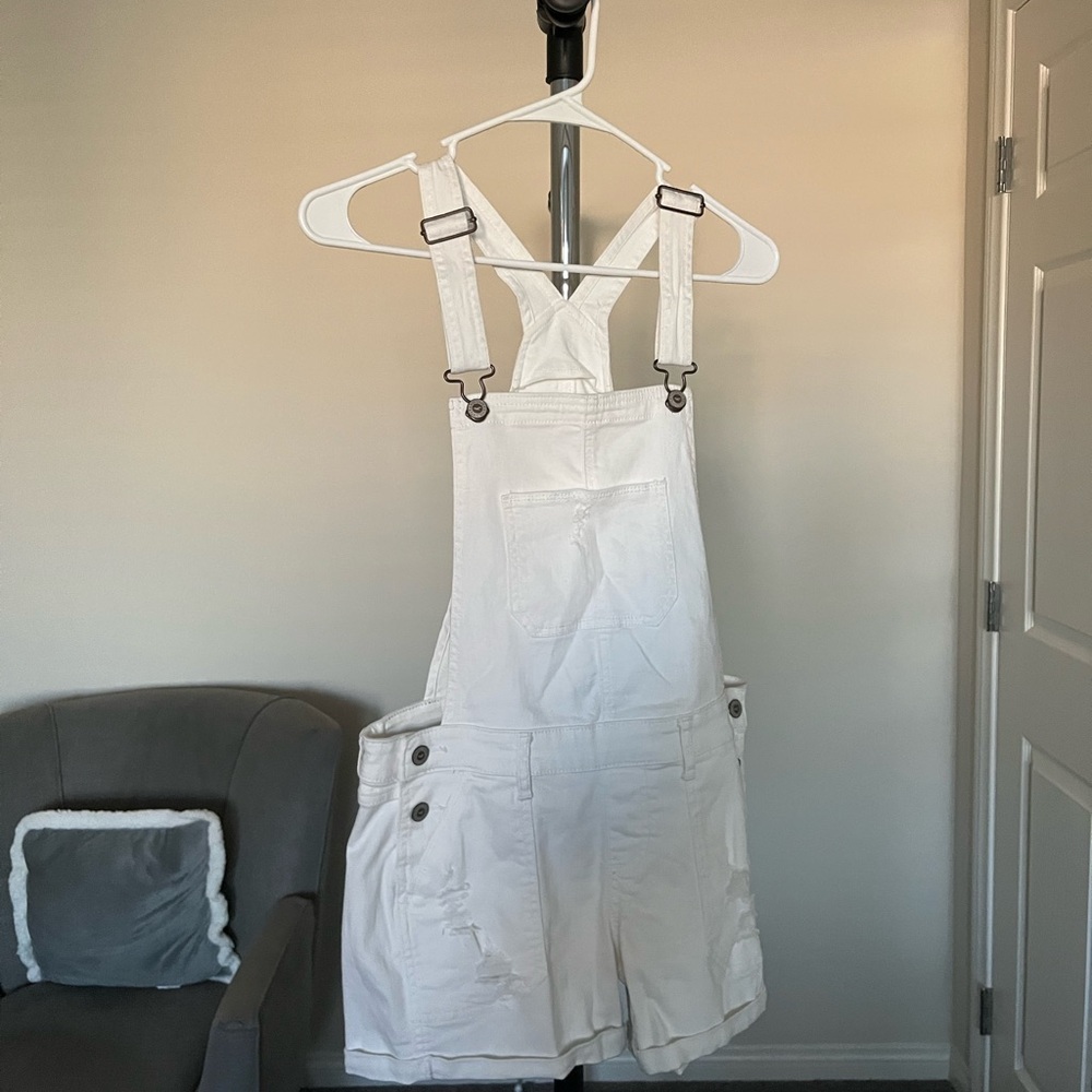 Hollister Cream Denim Overalls shorttall size S
